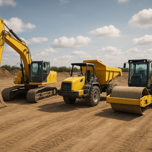 Maszyny budowlane na placu budowy - koparka walec mała ładowarka